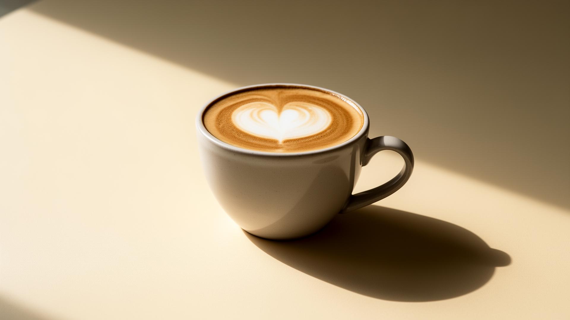 A cappuccino with latte art in dramatic side light on a cream surface